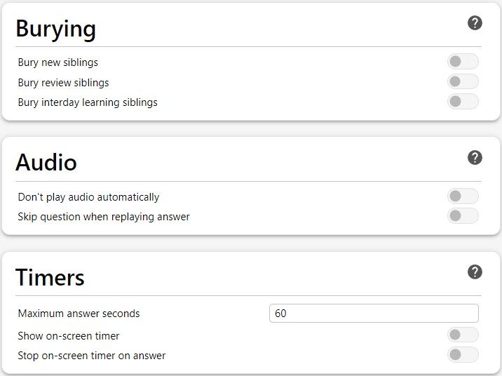 A screenshot of the Anki deck options showing the sections of settings for Burying, Audio, and Timers.